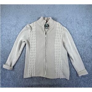 Eddie Bauer Womens XL Tan Cable Knit Full Zip Mock‎ Neck Ribbed Cardigan Sweater